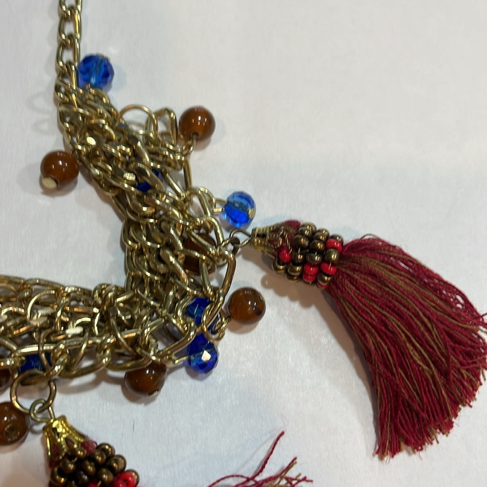 5/$30🏷️ World Market tassels, beads necklace rust, blues, reds, gold metal - Picture 7 of 9